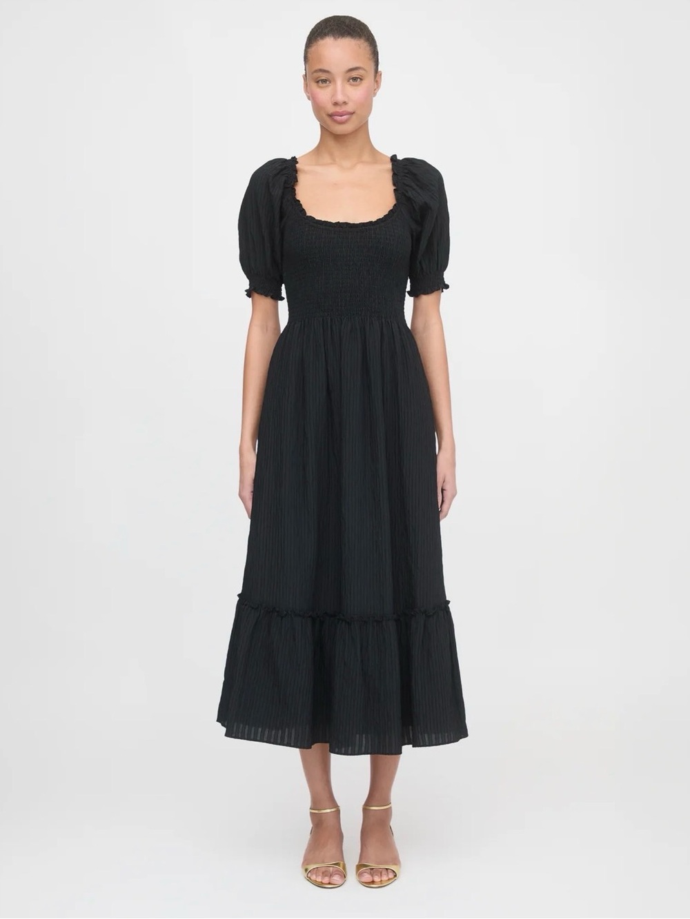 Hill House Home The Louisa Nap Dress Smocked Midi Black Fit & Flare Size XS